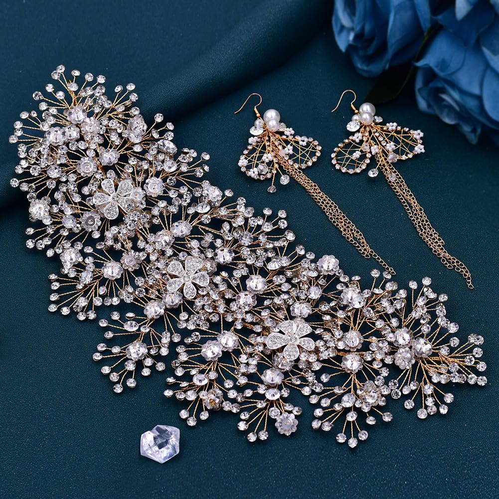 Diadema de diamantes de imitación para novias, hecha a mano, para boda, accesorios para el cabello (dorado + aretes de gancho para las orejas)