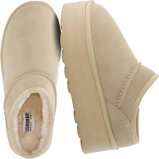 CUSHIONAIRE Women's Huggy Genuine Suede Cozy Mule Platform +Memory Foam, Wide Widths Available, Sand, 8