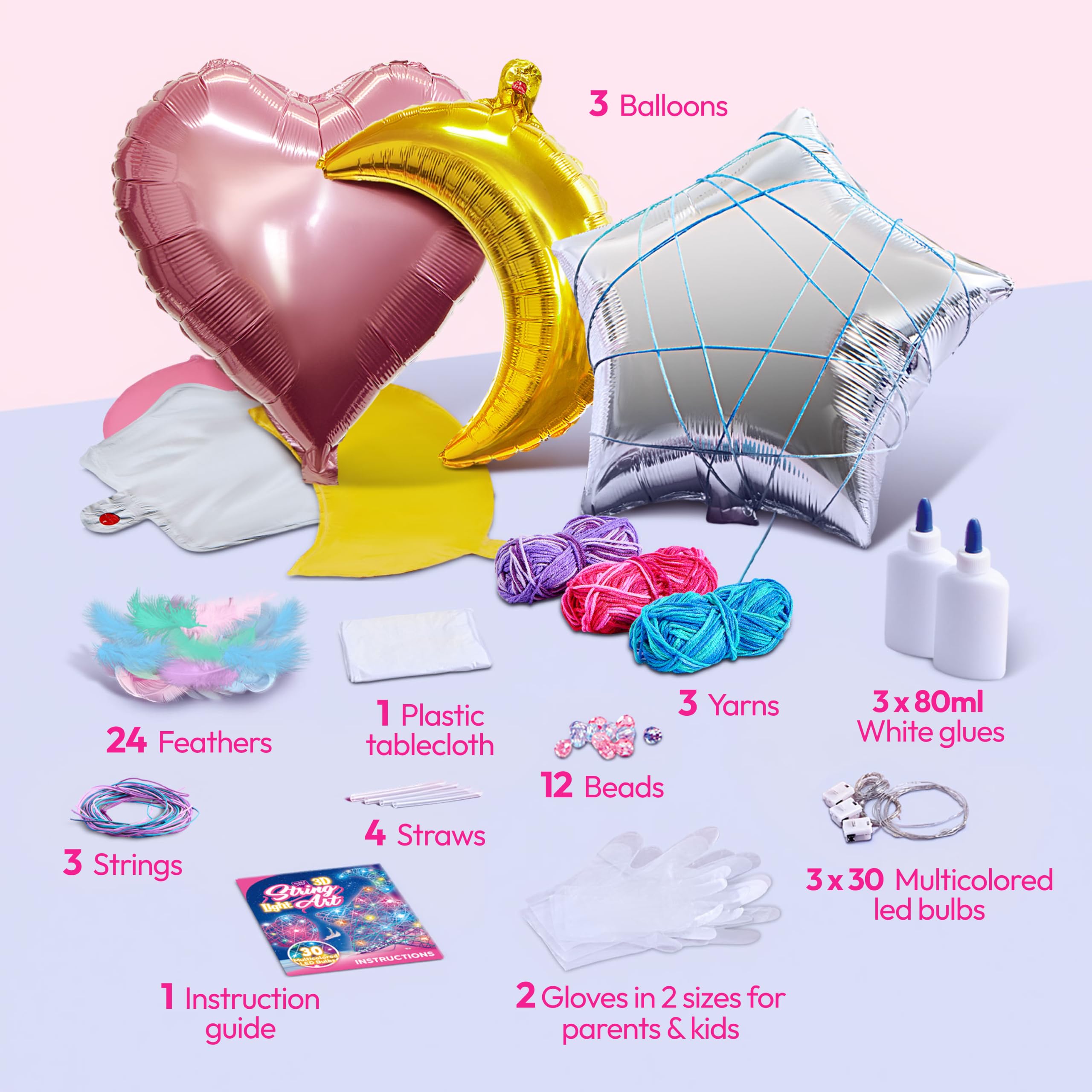 3D String Art Kit for Kids - 63 Pieces Birthday Gifts for Kids with 30 Colourful LED Lights and 6 Balloons - Crafts for Girls and Boys Aged 6-12 Years 3