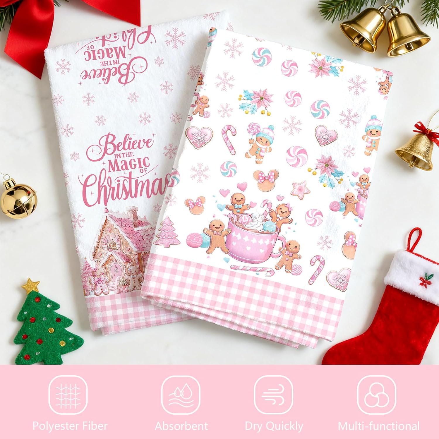 Christmas Kitchen Towels 6 PCS, Christmas Hand Towel for Bathroom, Pink Kitchen Towels Gingerbread Man, Pink Gingerbread Christmas Decor, Holiday Dish Towel, Housewarming Gift, 17 X 26In - Image 2