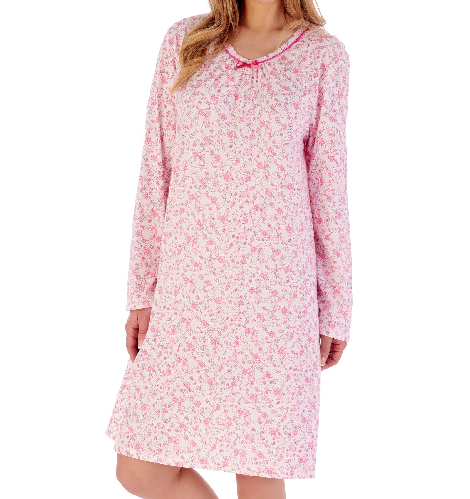 Slenderella Sketch Floral Long Sleeve Cotton 38 inch Nightdress (24/26, Pink)