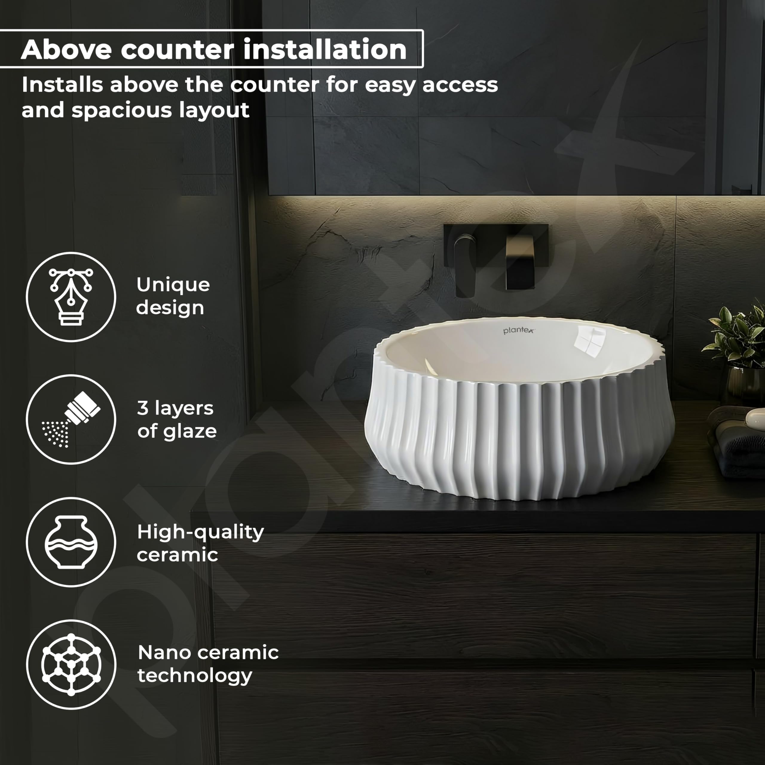 Plantex Ceramic Basin/Countertop Vessel Sink/Tabletop Wash Basin/Washbasin for Bathroom with 10 Years Glaze Warranty by Plantex (White Glossy - 14 x 14 x 5 Inch)