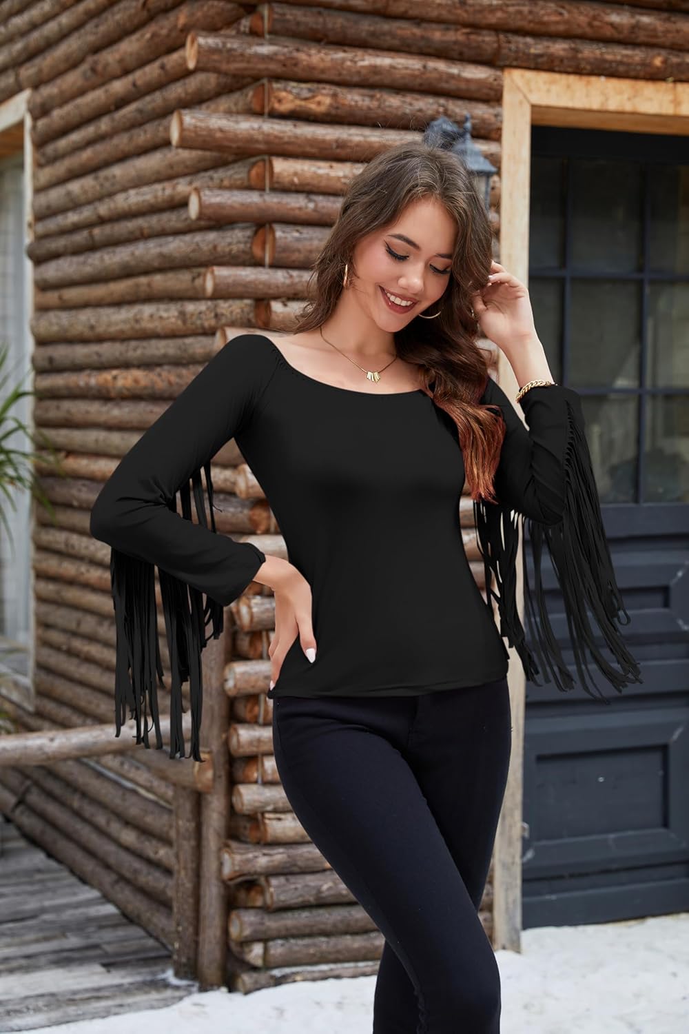 Off The Shoulder Fringe Tops for Women Western Cowgirl Outfits Stretchy Fall Long Sleeve Crop Tassel Shirts Y2K - Image 4