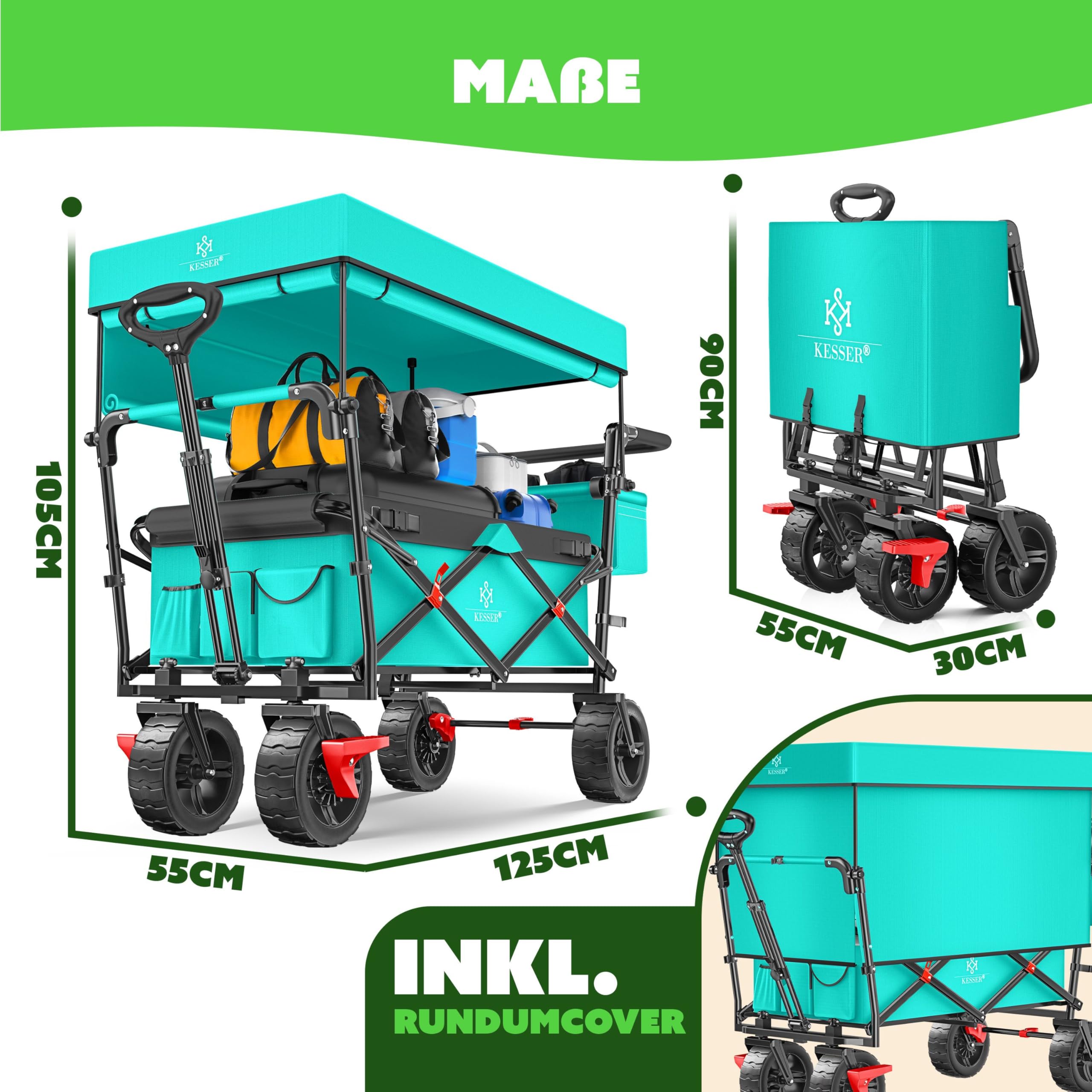 KESSER® Bollerwagen faltbar GT9000 Handwagen mit Dach | Transportwagen max. belastbar bis 150kg mit Hartgummi-Räder & Feststellbremsen (Vorne & Hinten) | Inkl. Schloss, Abdeckung, Wetter & Sichtschutz