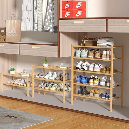 Miniatura 4 de Zapatera de bambú de 5 niveles para armario, estante de madera para zapatos, para entrada, espacio pequeño, apilable, 27 x 11 x 33 pulgadas (natural)
