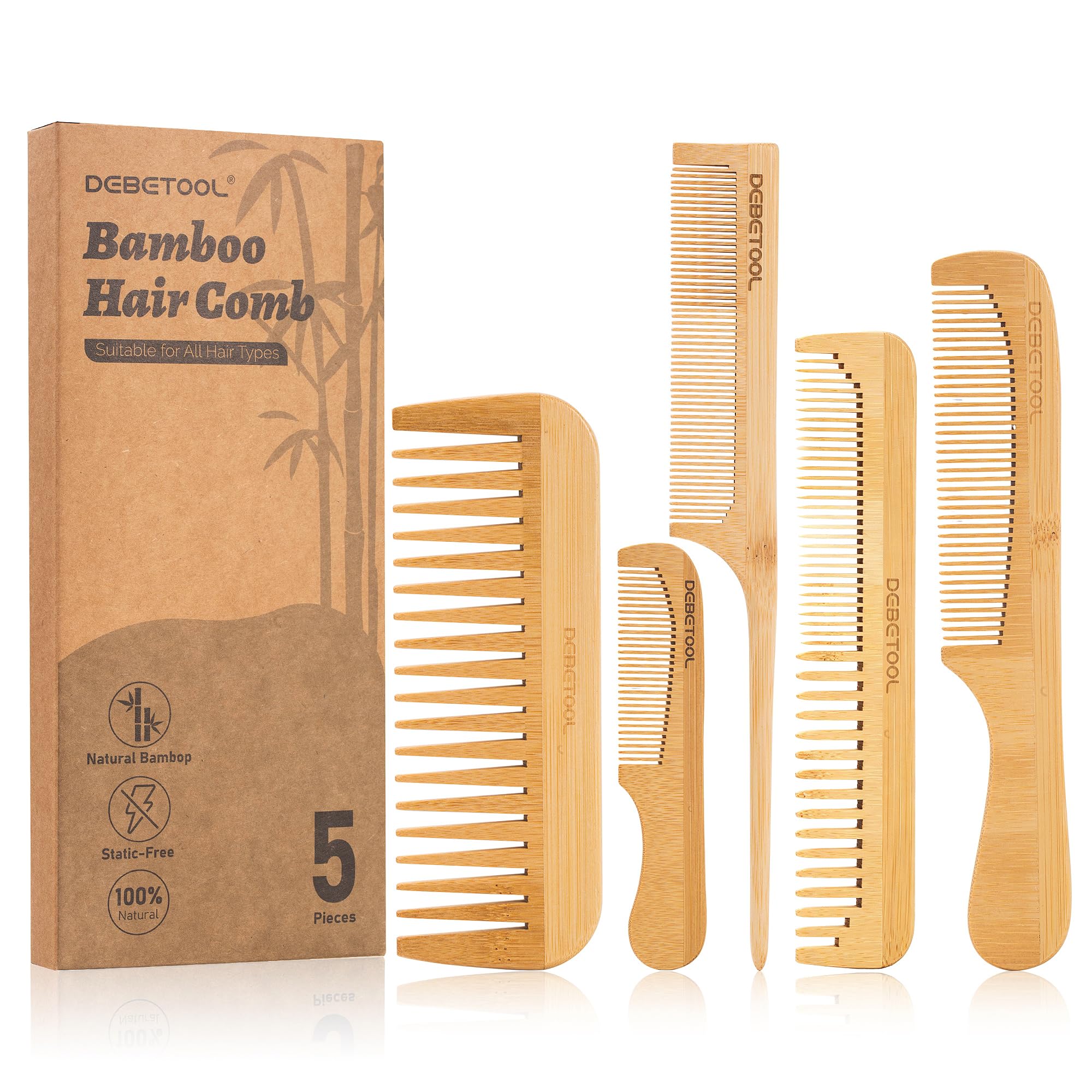 DEBETOOL 5 Pieces Natural Bamboo Comb Set