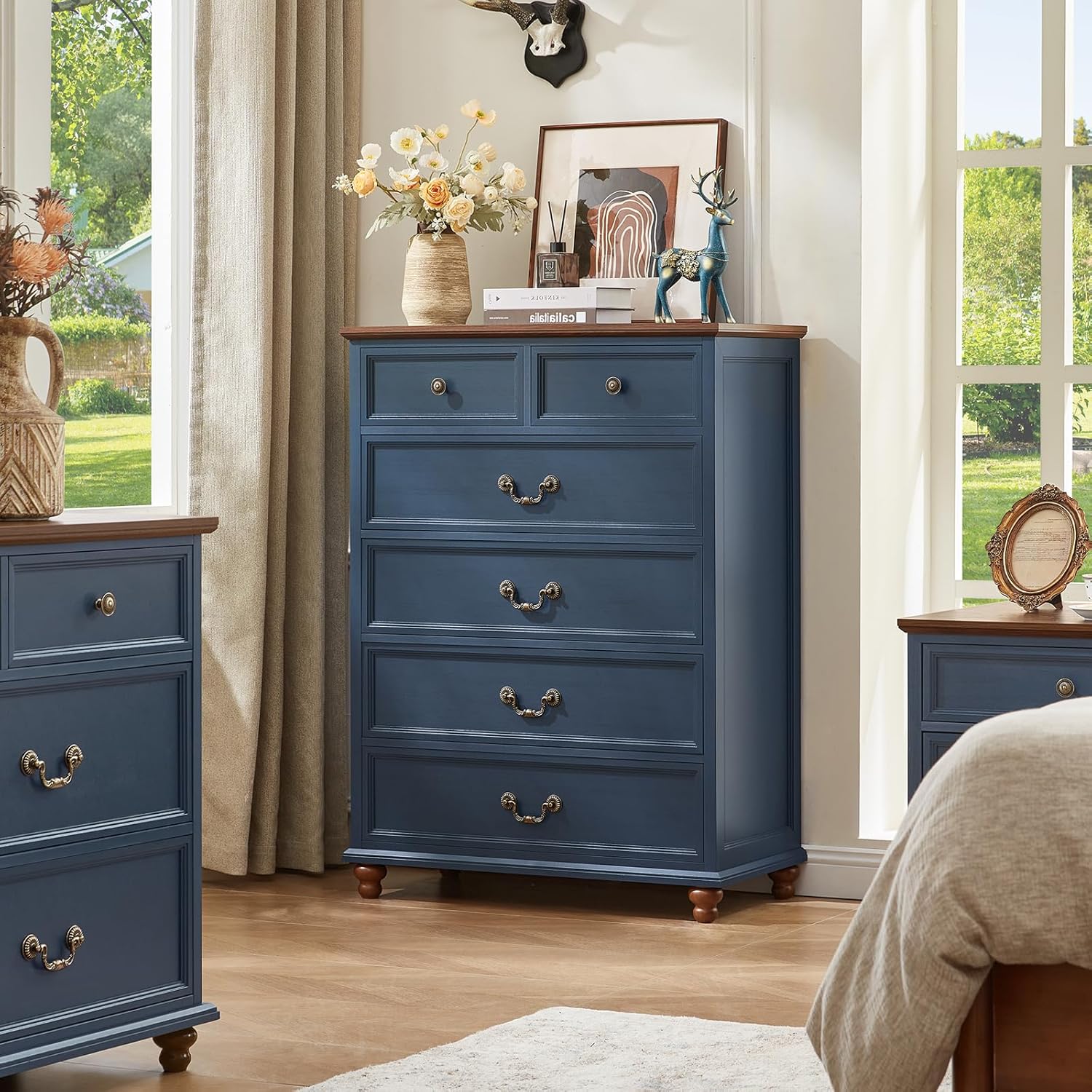 Joaxswe Farmhouse 6 Drawer Dresser for Bedroom, 42" Tall Rustic Chests of Drawers w/ 4 Solid Wood Feet, Mid Century Modern Wooden Closet Storage Dressers Organizer for Living Room, Hallway,Blue