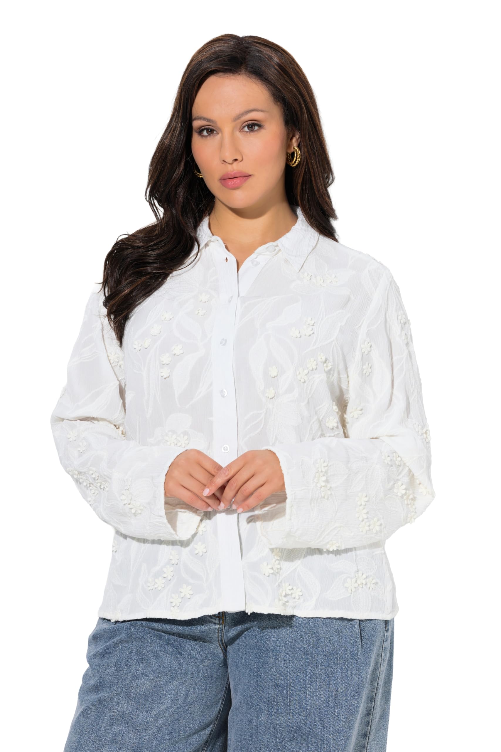 Ulla Popken Damen große Größen Übergrößen Plus Size Bluse, Blütenstickerei, A-Linie, Hemdkragen, Langarm 845782