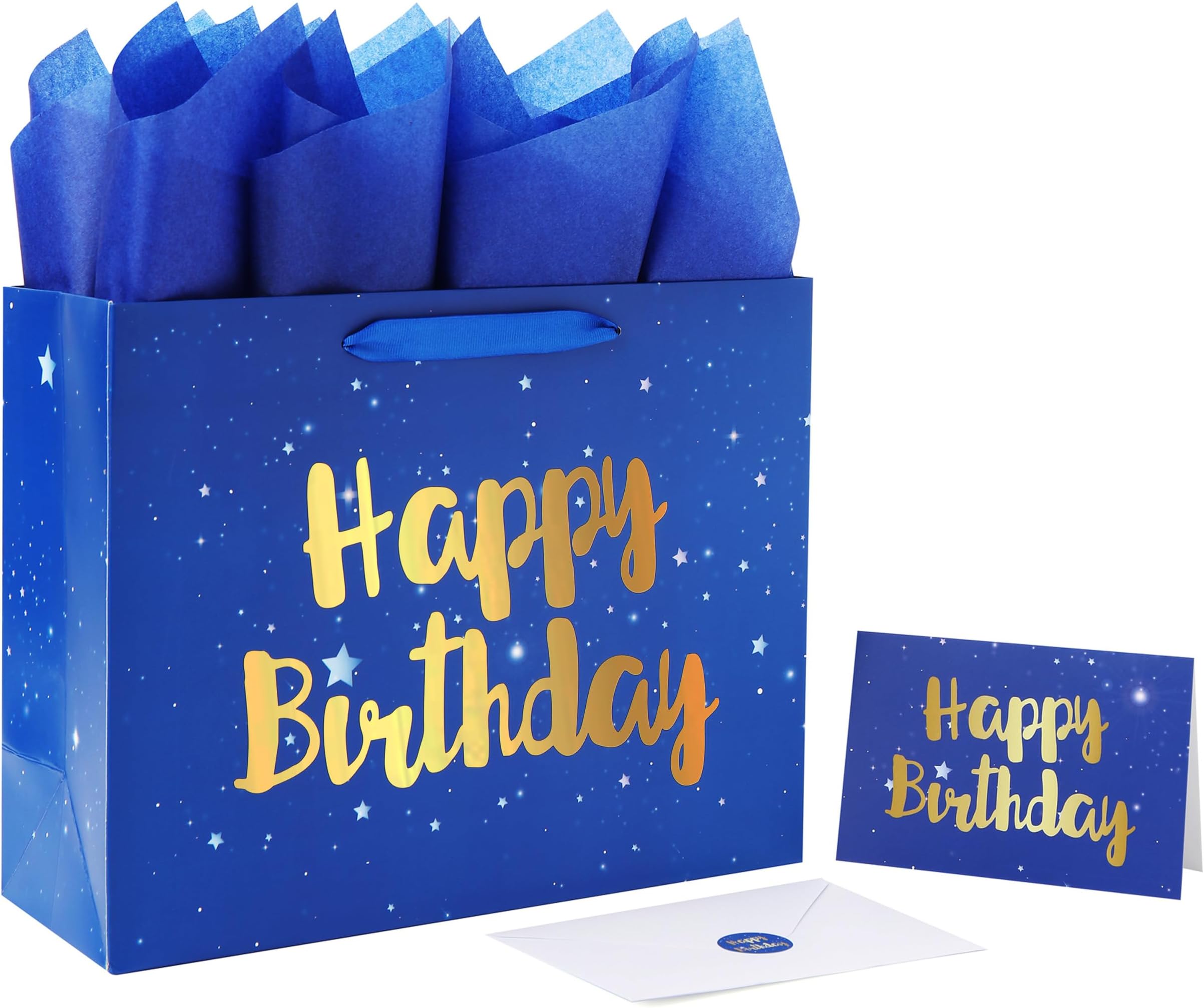 13" Large Blue Gift Bag Set with Greeting Card and Tissue Papers (Stars and Gold Foil‘Happy Birthday’) for Men's or Boys, Girls or Kids, Baby Shower