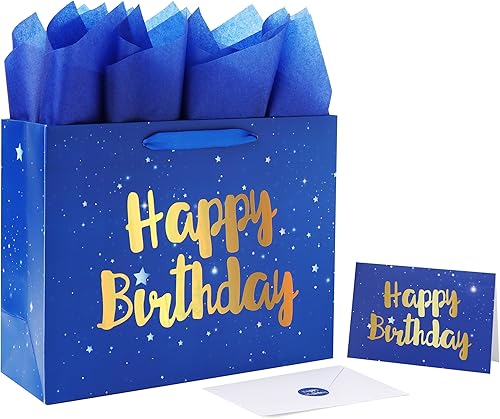 Miniatura 1 de Juego de bolsa de regalo azul grande de 13 pulgadas con tarjeta de felicitación y papel de seda (estrellas y lámina dorada 'Happy Birthday') para