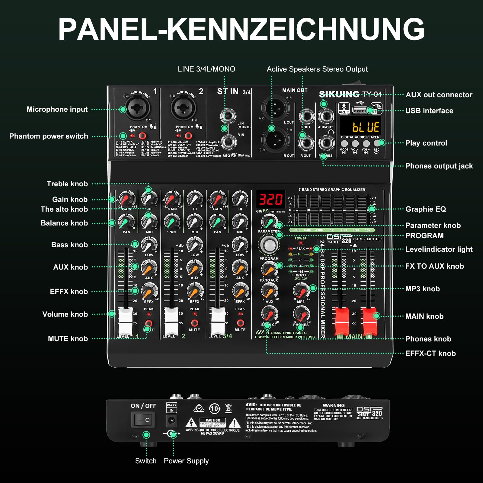 Mixer portatile a 4 canali, mixer audio professionale, 320 effetti DSP + equalizzatore a 7 bande, scheda audio Bluetooth + interfaccia USB, ideale per registrazioni PC, effetti karaoke studio e