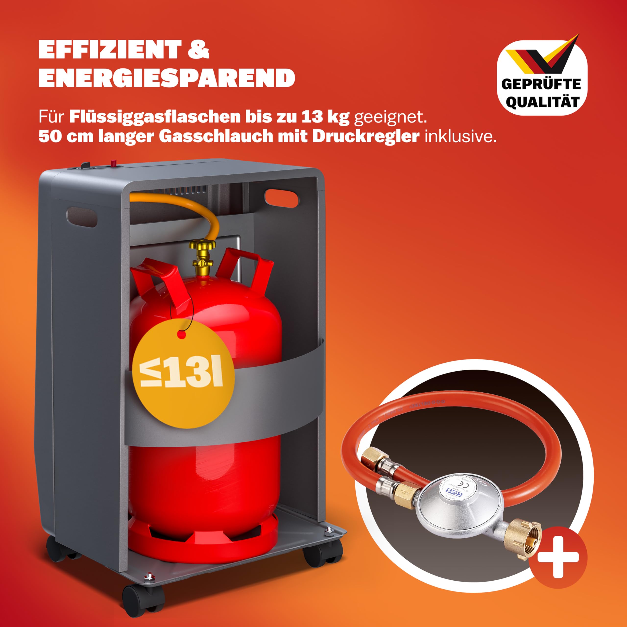 MONZANA® Gasheizung GH4500 Innenräume 4200W Gasofen 3 Heizstufen inkl. 50cm Gasschlauch Gasdruckregler Keramikheizplatten Camping Gasheizofen mobil