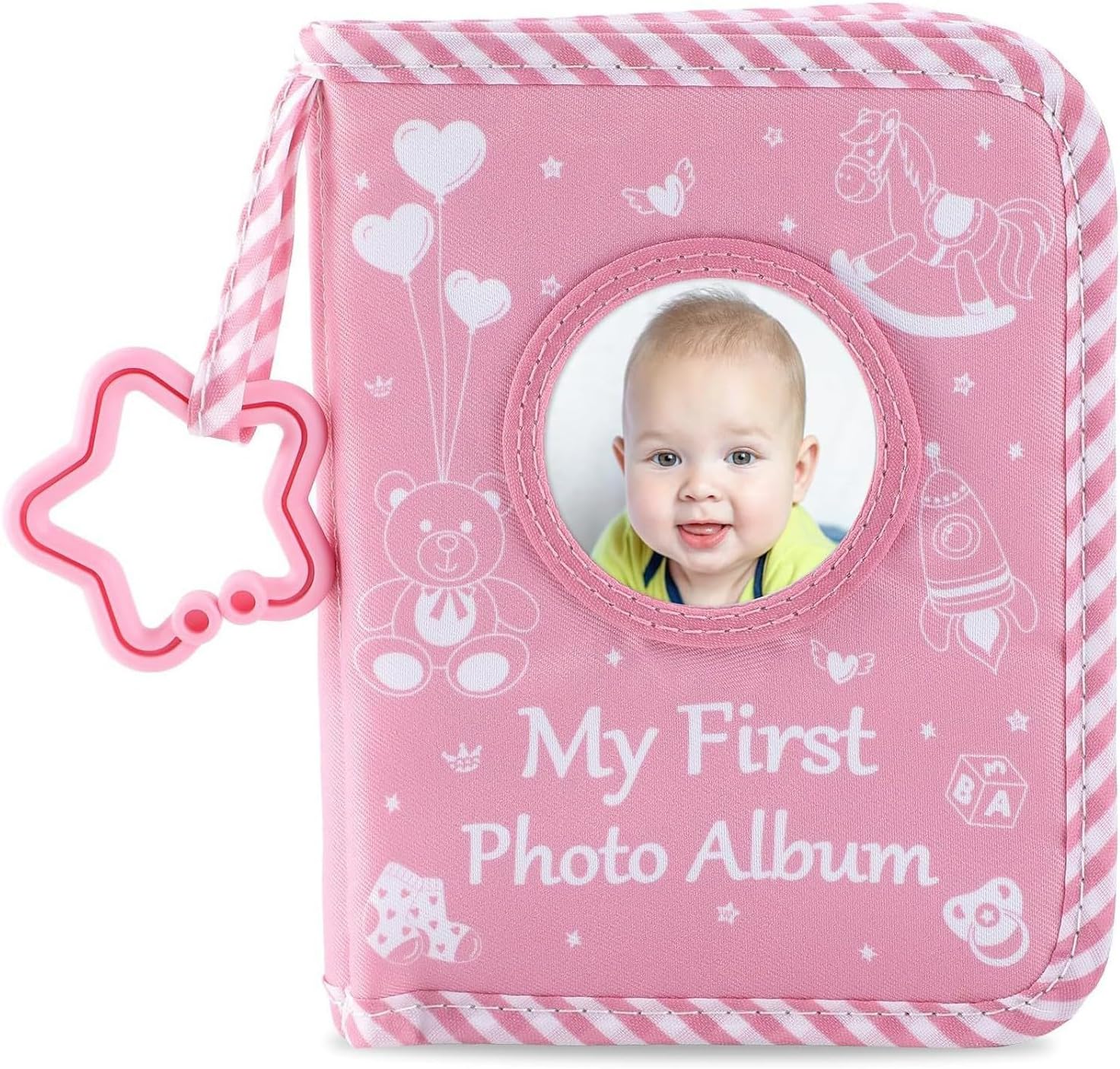 Bear Baby Memory Book With Safe Teething Rings & Clear Pockets For First Year Milestones Safe Baby Mirror