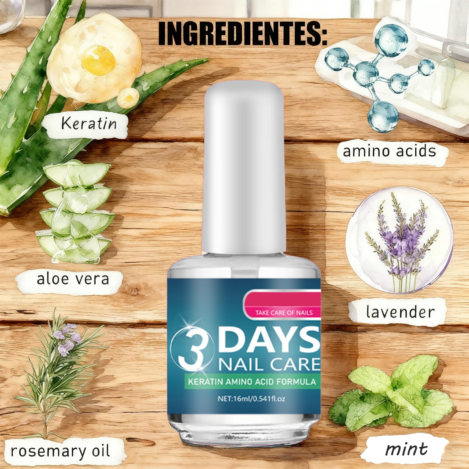 Cura delle unghie in 3 giorni, siero fortificante alla cheratina e agli aminoacidi per unghie fragili e danneggiate, siero di crescita da 16 ml e smalto trasparente per una manicure forte e morbida (2