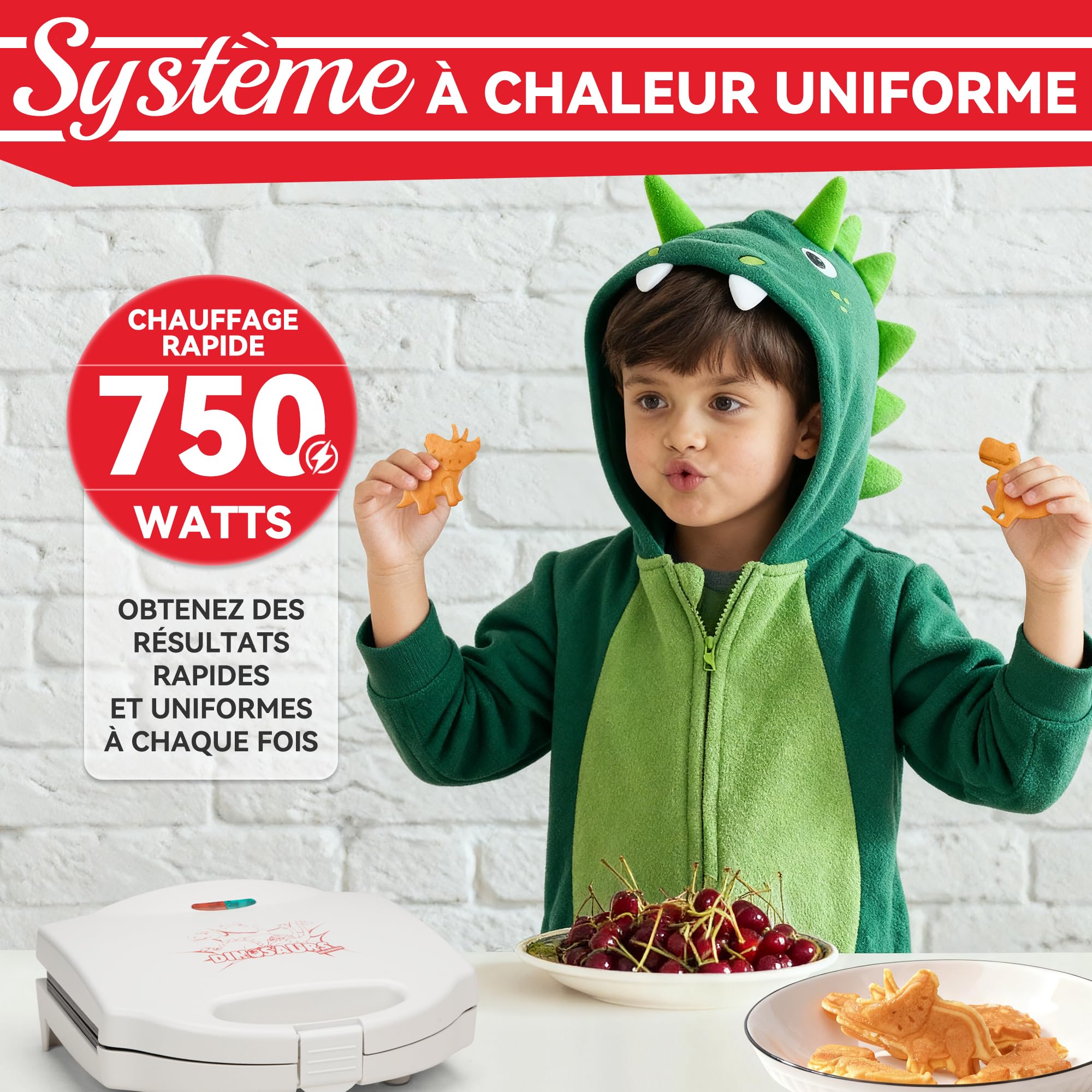 SugarWhisk Mini Gaufrier, Mini Dino Waffle Maker, Gauffrier Multifonctions avec des motifs de dinosaures, Appareil a Gauffre Mignonne, Machine a Gauffre, Créez 8 Gaufrier Dinosaures, Blanc