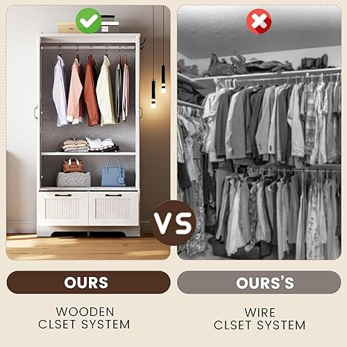 Miniatura 8 de ANCTOR Armario de Ropa, Clóset de 180 cm de Alto, Armario de Almacenamiento de Ropa de Madera con 2 Puertas y 2 Cajones, Armario Independiente