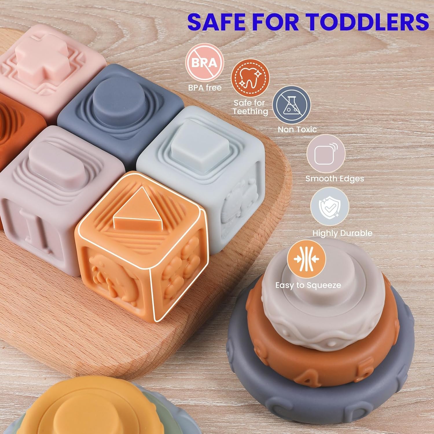 Montessori Baby Toys 6-12 Months, Toddlers Baby Toy 1 Year Old Boys Girls for 0, 6, 12 Months, Pull String Teether, Infant Stacking Blocks, Sensory Shapes Bin, 4 in 1 Infant Toy Set