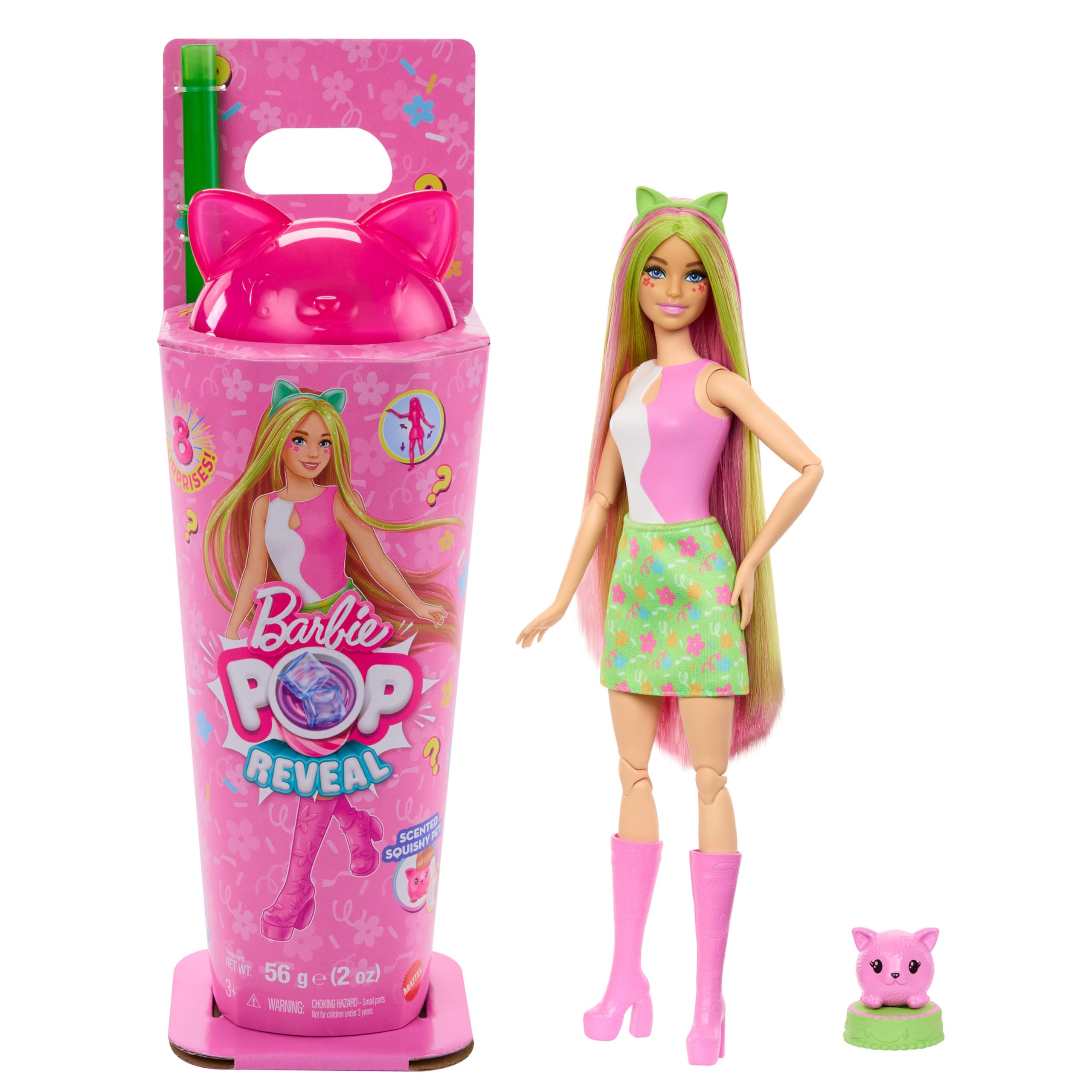 Barbie - Pop Reveal Serie Animal Party, bambola con orecchie da gattino e cucciolo incluso, 8 accessori a sorpresa con effetto cambia colore, giocattolo per bambini, 3+ anni, JCN88