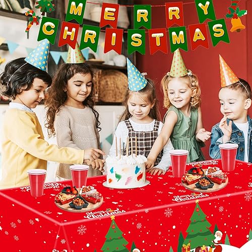 Miniatura 4 de Mantel de plástico navideño rectangular de 54 x 108 pulgadas, mantel de Navidad desechable, color rojo, para Navidad, fiesta de cumpleaños y Navidad