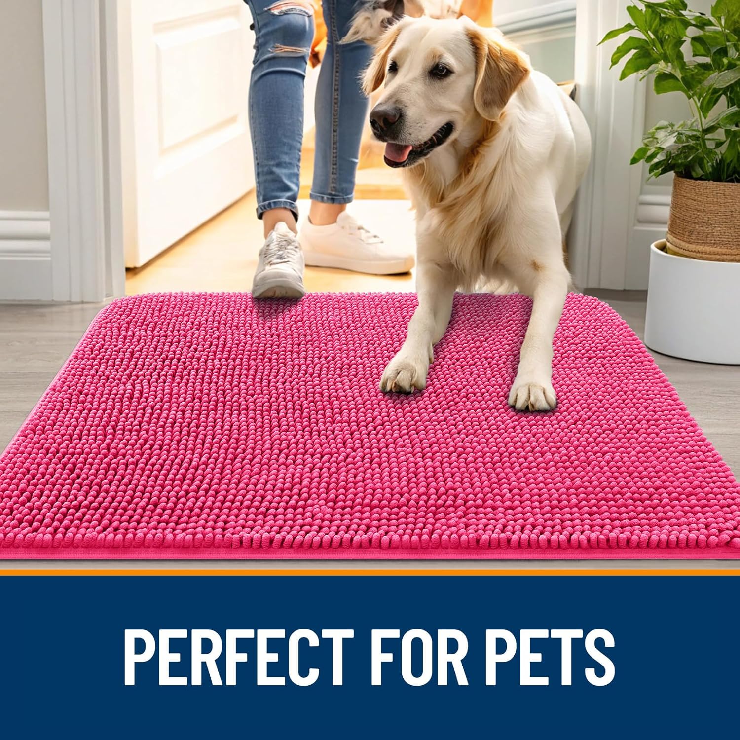 OLANLY Dog Door Mat for Muddy Paws 70x46, Absorbs Moisture and Dirt, Absorbent Non-Slip Washable Doormat, Quick Dry Chenille Mud Mat for Dogs, Entry Indoor Entryway Carpet for Inside Floor, Hot Pink