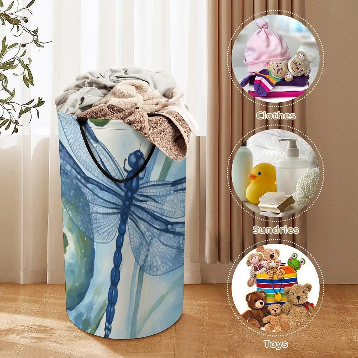 Large Laundry Hamper with Handles Hand Painted Blue Dragonfly Laundry Basket Freestanding Waterproof Clothes Hamper for Living Room Bedroom Bathroom College Dorm