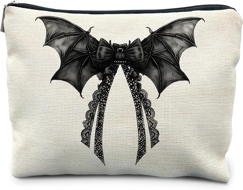 Necessaire de maquiagem RYYCDOI com renda, laço e padrão de morcego, preta, 25,4 x 19,05 x 0,76 cm