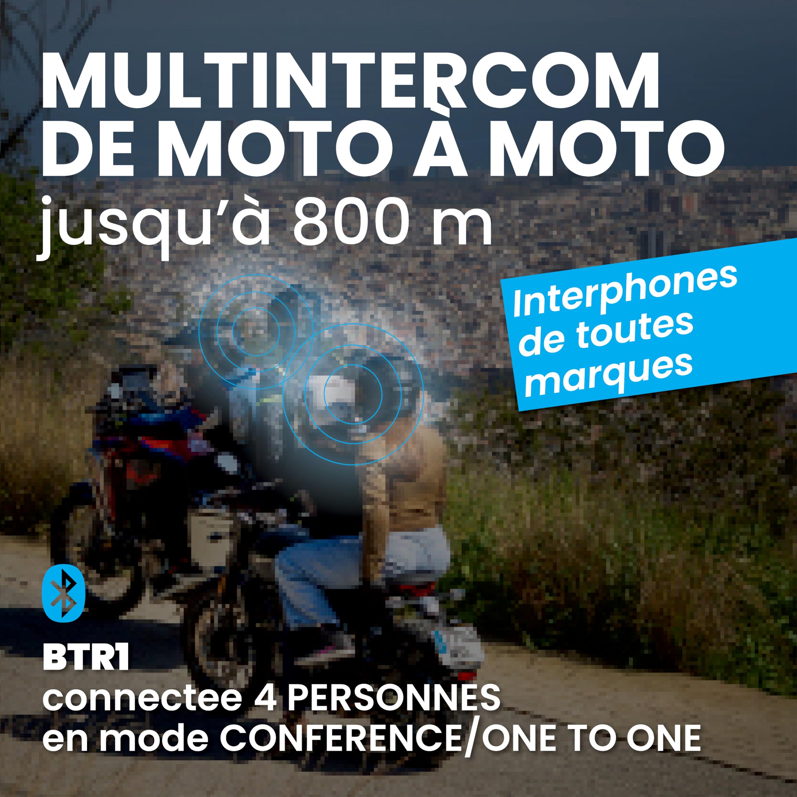 Midland- Intercom Moto BTR1 Individuel, Écouteurs Bluetooth sans Fil Casque Moto Étanche IPX6 Portée 800m, 4 Personnes Conference, Batterie 23H, Parallel Audio Connexion GPS/Musique Conforme ECE 22.06