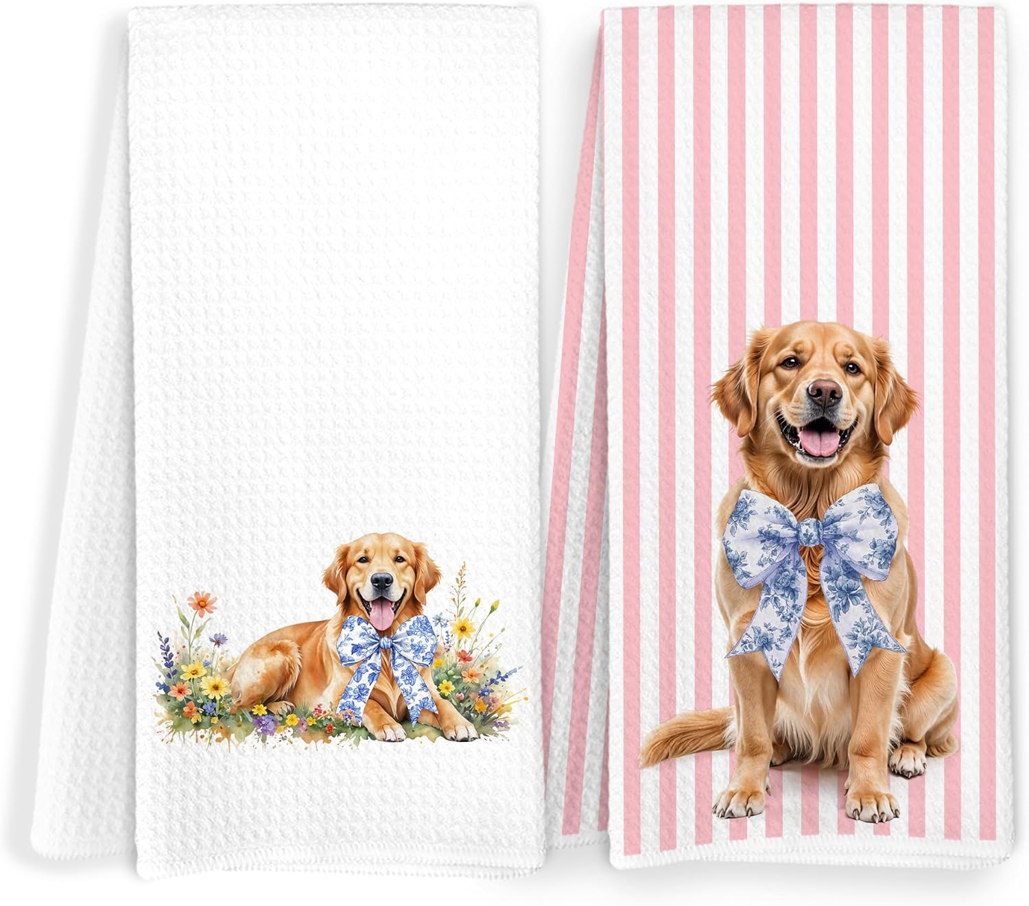 Golden Retriever Gifts Kitchen Towels, Pink and White Chinoiserie Bow Golden Retriever Dish Tea Towels, Grandmillennial Floral Dog Decorative Hand Towel for Bathroom, 16x24 Inch Set of 2