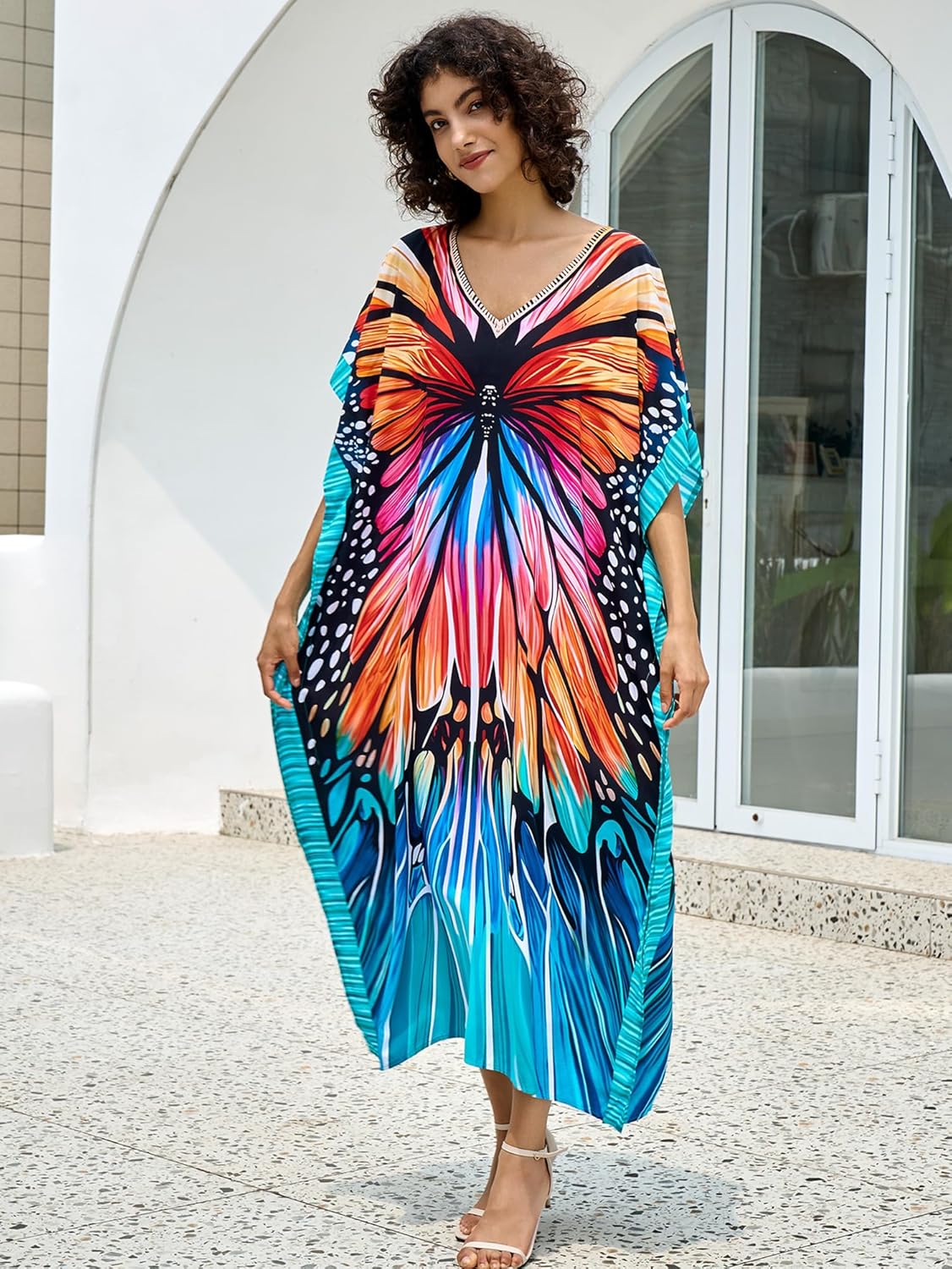 Chunoy Women Butterfly Pattern V Neck Kaftan Casual Bathing Suit Kimono Sleeve Side Split Beach Cover Up Caftan Dress - Image 2