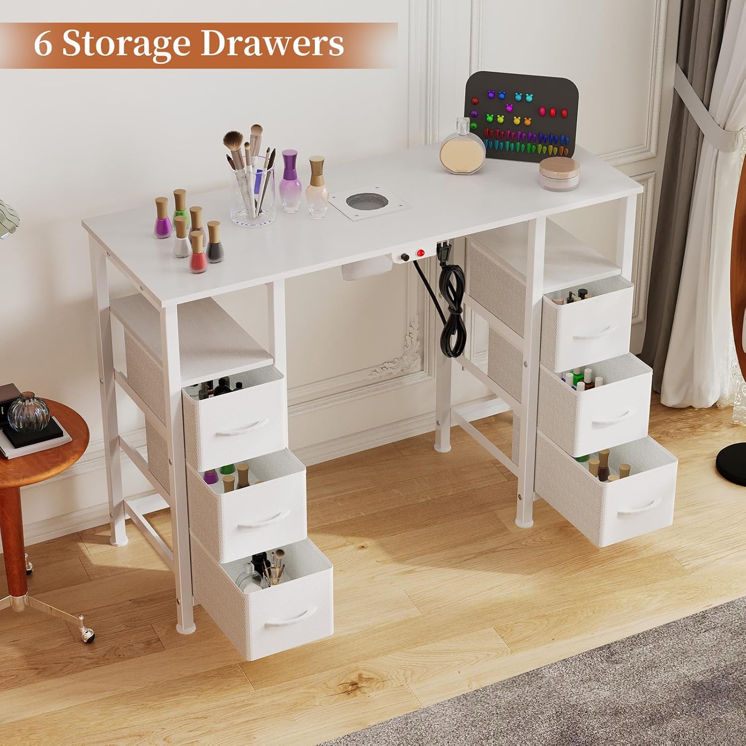 Manicure Table Nail Desk for Nail Tech, Nail Beauty Table w/Electric Dust Collector & 6 Storage Drawers & Open Shelves for Home, Workshop, Makeup Beauty Salon Workstation (White)