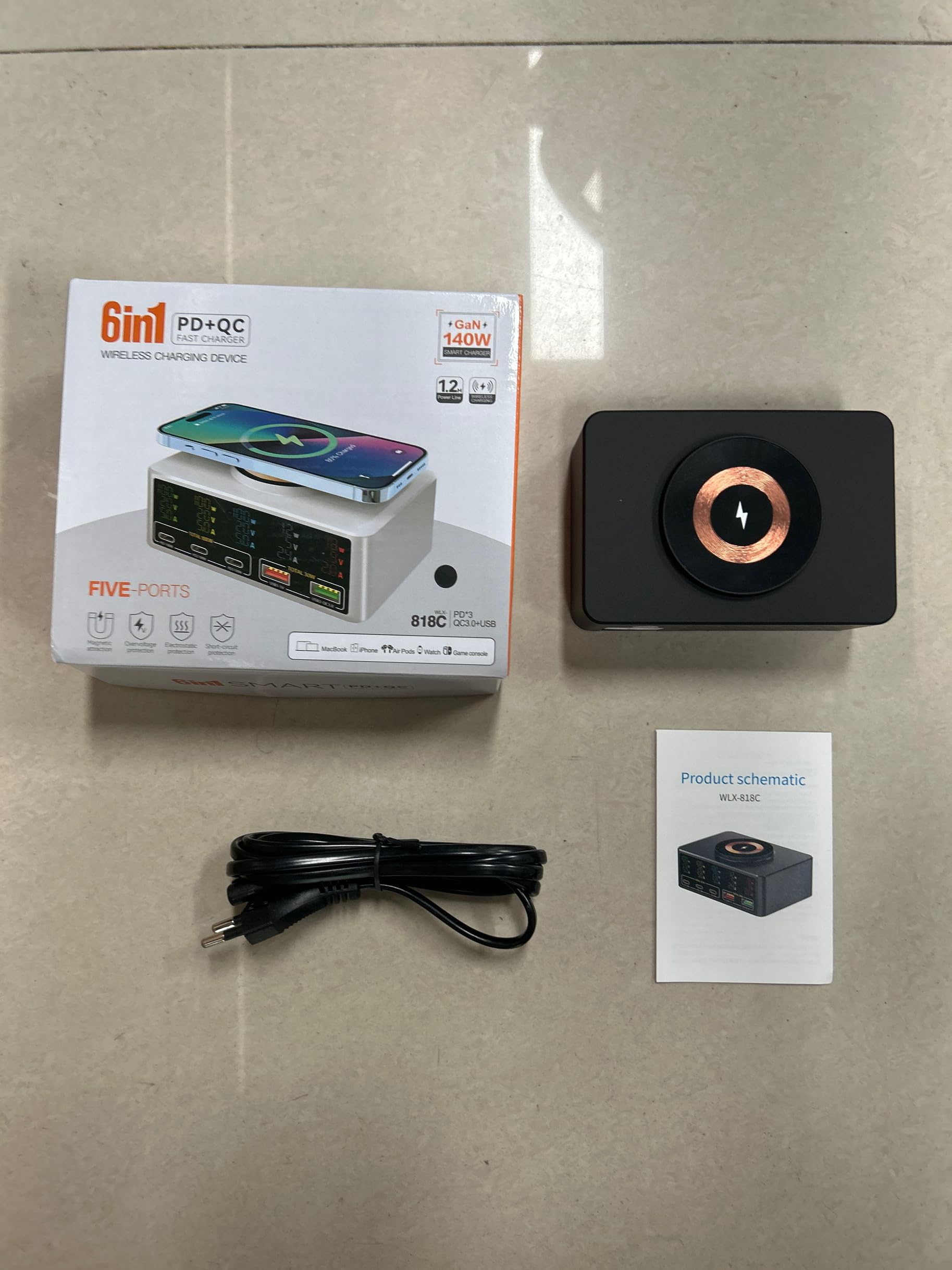Walmeck Stacja Szybkiego ładowania o Dużej Mocy 140 W. Wieloportowa ładowarka USB. Bezprzewodowy koncentrator. Wyświetlacz Prądu w Czasie Rzeczywistym do Podróży z Telefonem Komórkowym (EU)