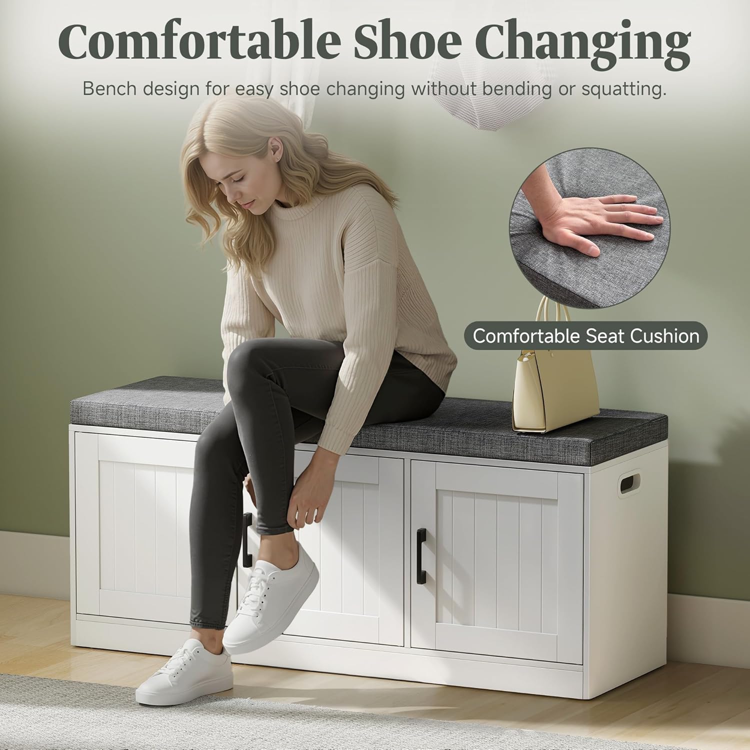 Shoe Storage Bench with Cabinet, 3-Tier Entryway Bench with Padded Seat Cushion, Shoe Cabinet Bench with 4 Adjustable Shelves for Bedroom, Mudroom, White