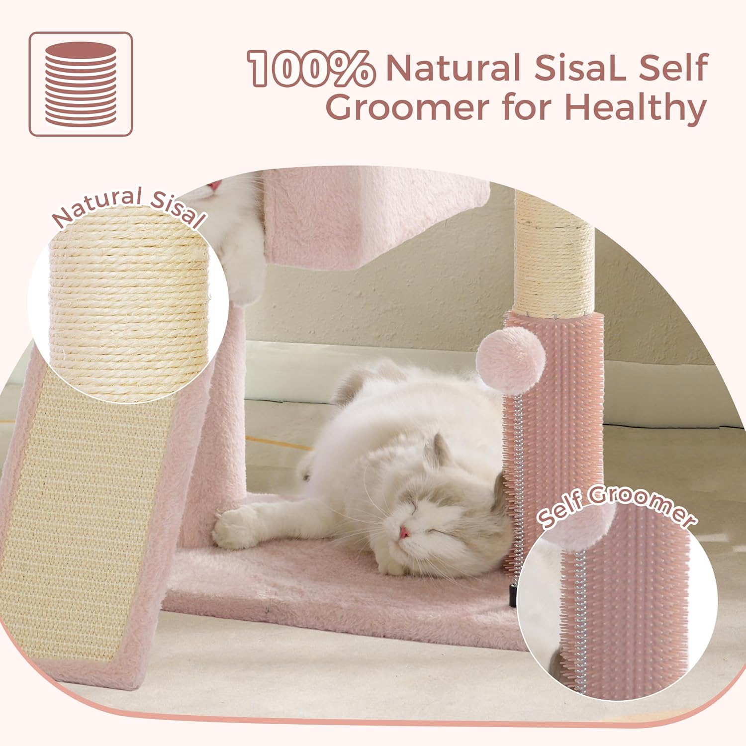 Pink Cat Tree Tower for Large Cats with Large Top Bed 20x13.8”Private Cat Condo,Sisal Scratching Post and Ramp and Self Groomer and Spring Ball-Pink