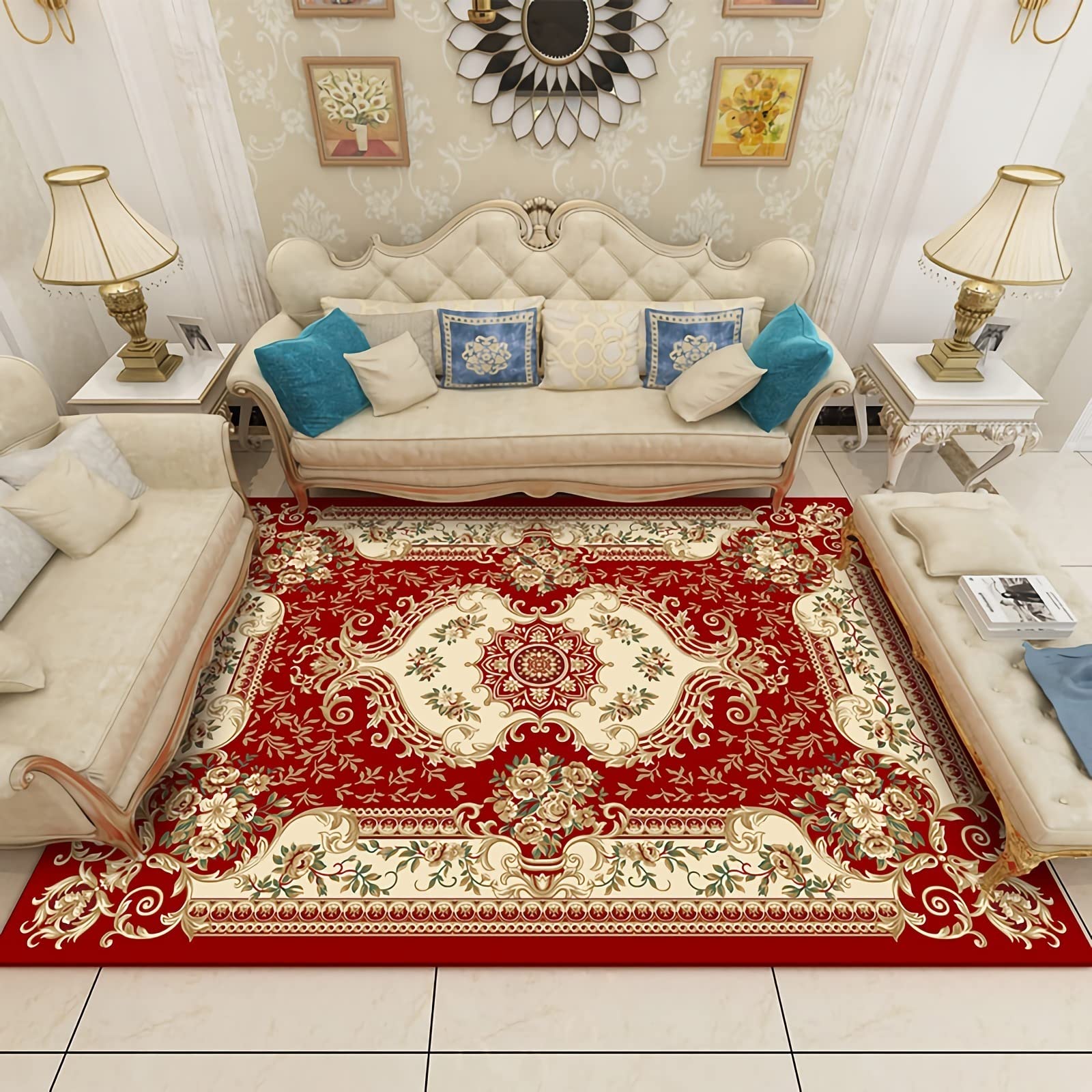 Teppich sitzecke Wohnzimmer Teppich kuscheliger Teppich Rot gelb grün Vintage Blumenmuster Kinder Teppich Jungen 80x120cm