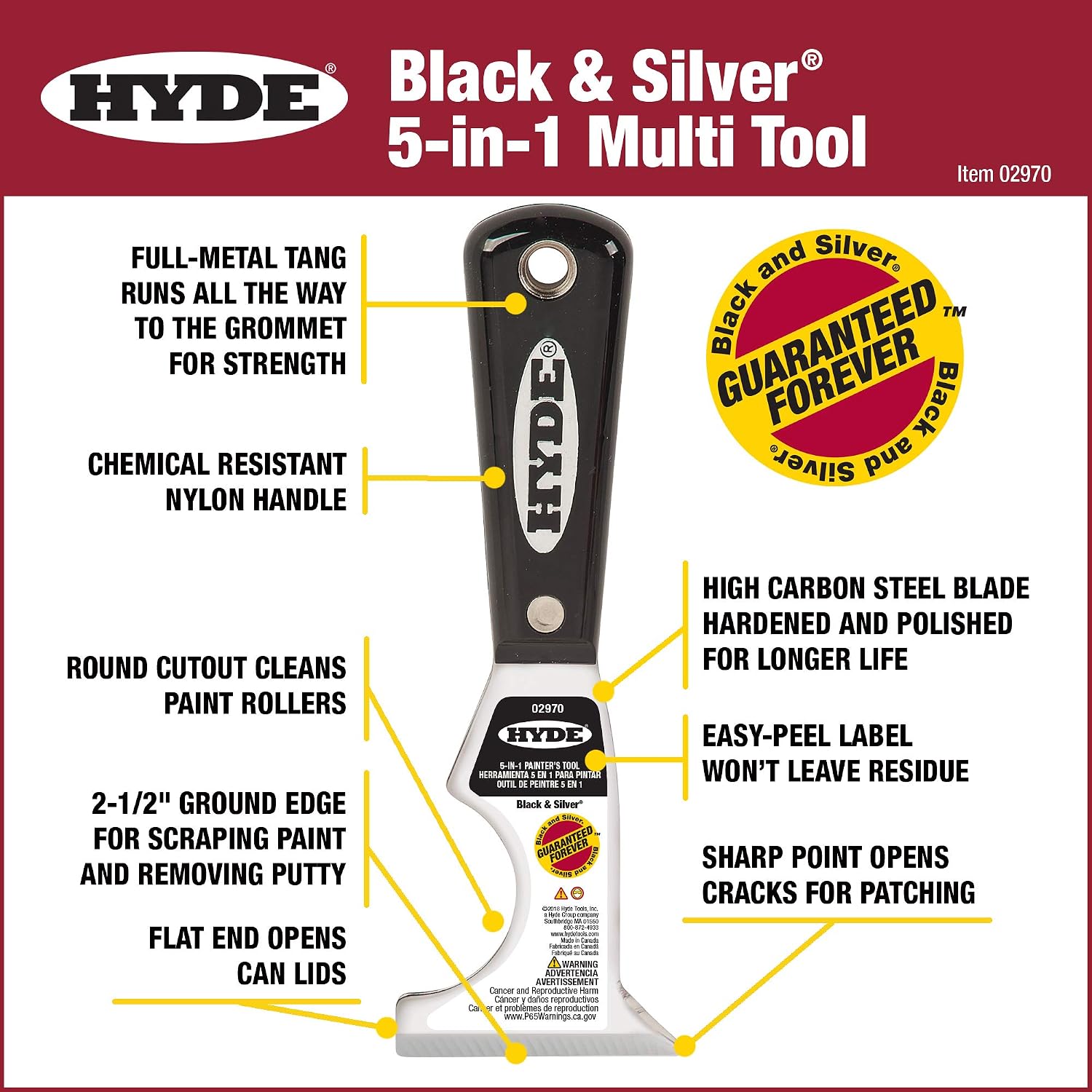 HYDE 02970 2970 5-in-1 Tool, 1 Pack, Silver/Black
