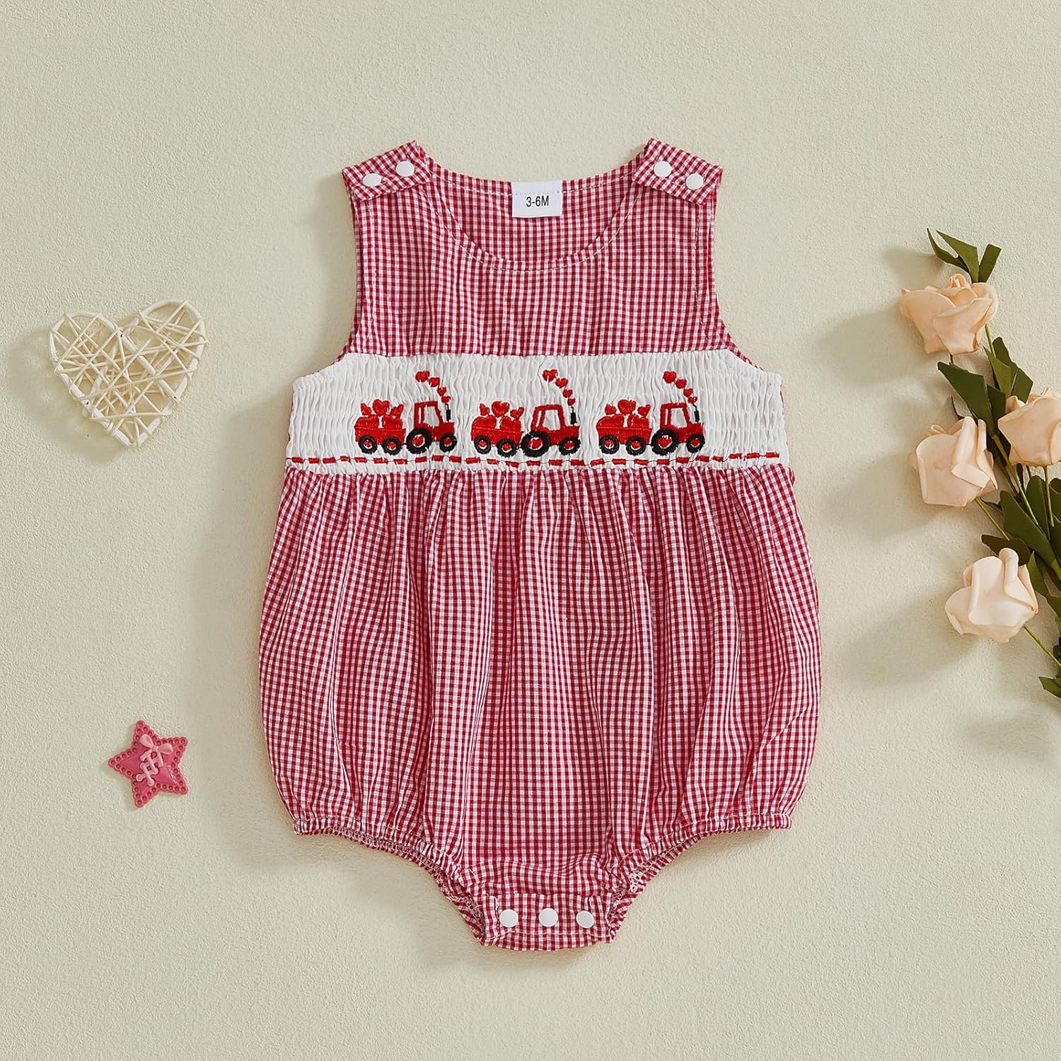 Newborn Baby Boy Valentines Day Outfit Embroidery Sleeveless Smocked Bubble Romper Plaid/Striped Bodysuit Jumpsuit - Image 6