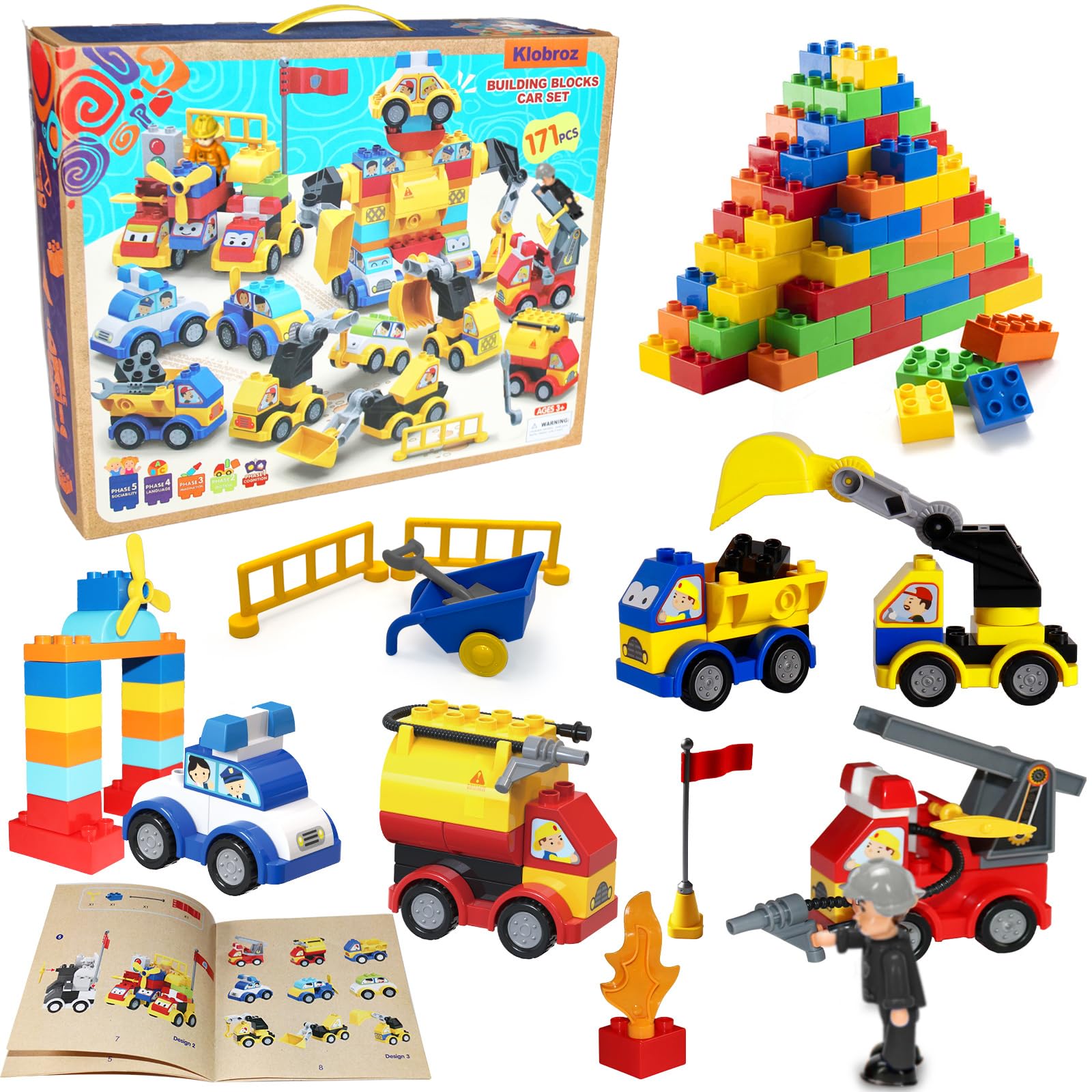 Building Blocks for Toddlers 2-5, 171 Pieces Blocks Car Set for Kids Classic Large Building Bricks Compatible with All Major Brands Educational Toys for All Ages