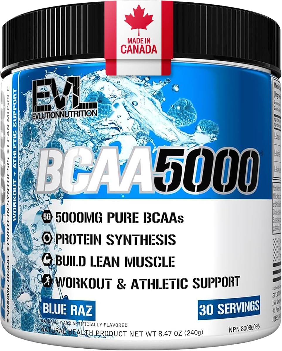 Evlution BCAA Powder | 5G Branched Chain Amino Acids | Protein Synthesis, Muscle Building & Workout Support | 2:1:1 Ratio BCAA Amino Acids Supplement | Blue Raz Flavor | Made in Canada | 30 Servings (240g)