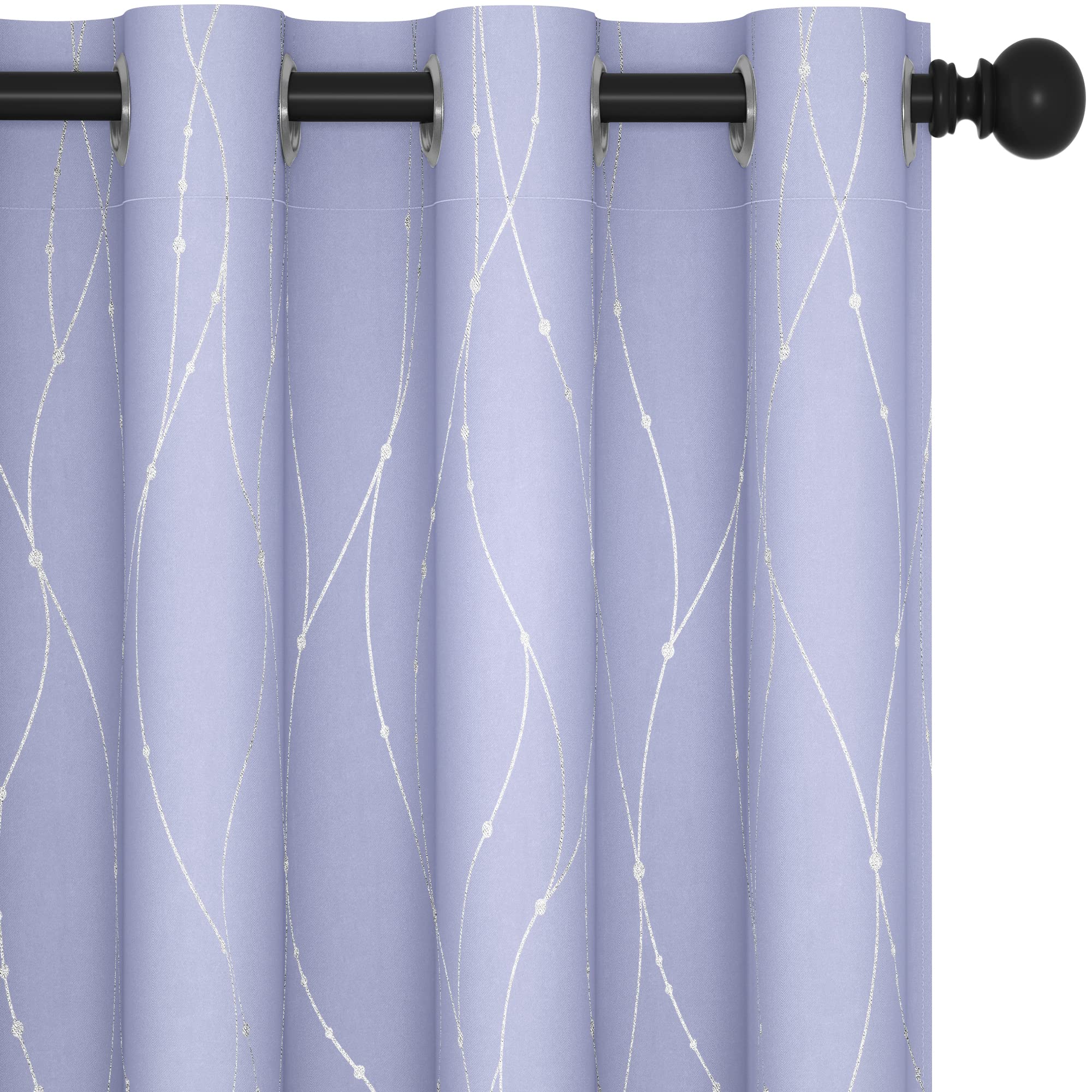 Deconovo Blackout Purple Curtains, 63 Inch Long, Pack of 2 - Heat Blocking Curtains for Bedroom, Wave Line with Dots Silver Print (52 x 63 Inch, Light Purple, 2 Panels)