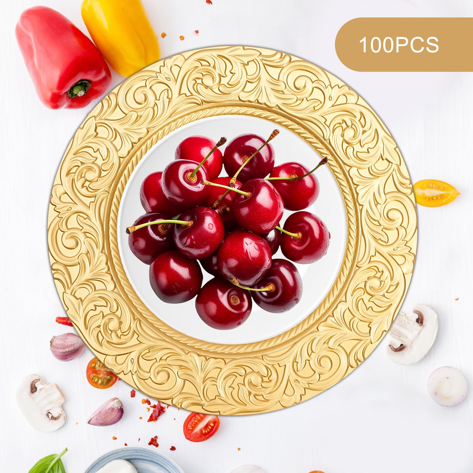 Platos dorados 100 unidades, 33 cm, diseño de arrecife de plástico, con relieve, platos decorativos para bodas y fiestas