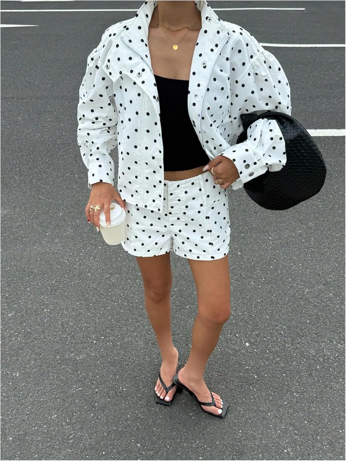 MakeMeChic Women's 2 Piece Set Polka Dots Zip Up Long Sleeve Jacket and Shorts Sets - Image 5