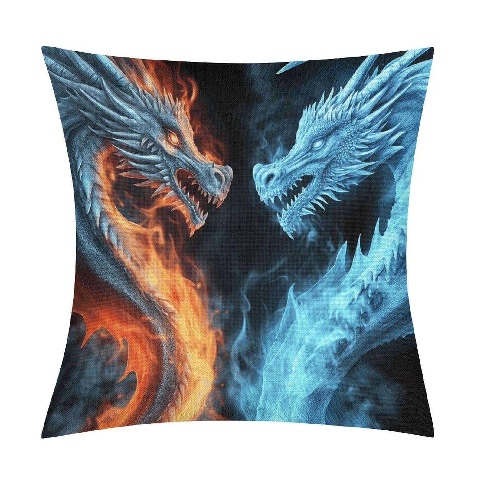 LZQPOEAS Ice and Fire Dragons Throw Pillow Covers, Waterproof Faux Linen Pillow Cases with Invisible Zipper, Decorative Square Cushion Covers for Sofa Couch Living Room Bedroom 18x18 Inch