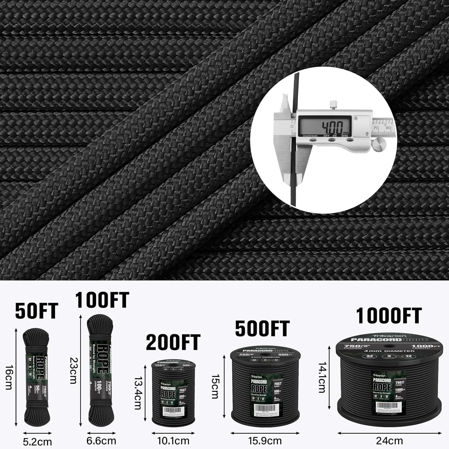 Paracord Rope 750 lb - 500ft 5/32" Parachute Cord 4MM 12-Strand para Cord - Heavy Duty Spool String for Survival,Camping Gear, Survival Bracelet, Clothesline - Black