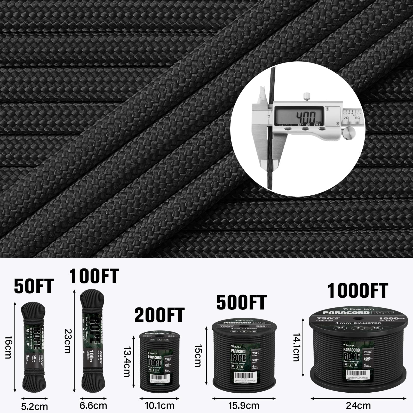 Cuerda de paracaídas de 750 libras - 500 pies 0.15 pulgadas, cuerda de paracaídas de 4 mm, 12 hebras para cuerda, cuerda de carrete resistente para supervivencia, equipo de camping, pulsera