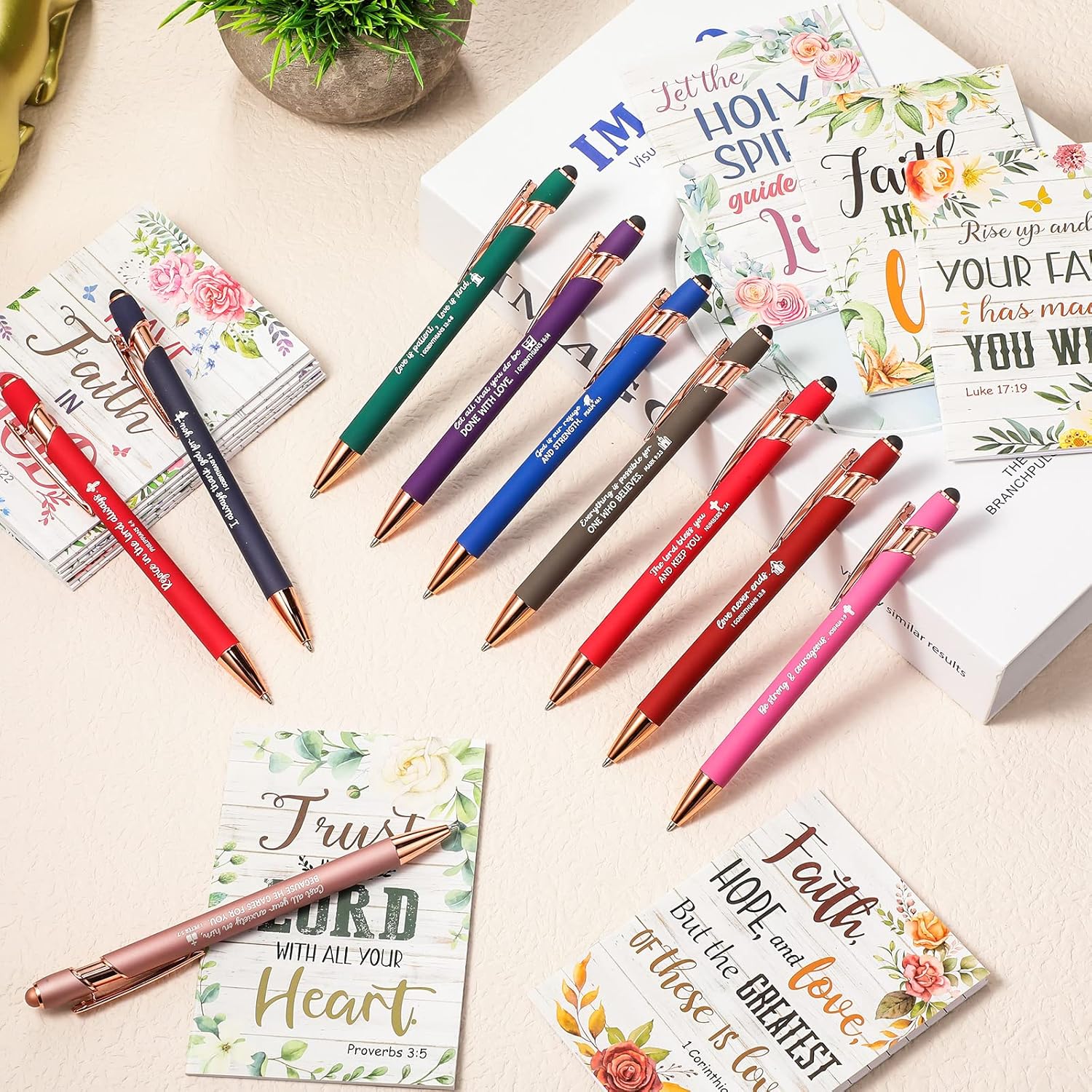 Estune 48 Pcs Bible Pens Notepads Gifts for Mother's Day Set Ballpoint Pen Notebook Inspirational Quotes Christian Pens Bible Journal for Women Motivational Christian Gift (Flower)