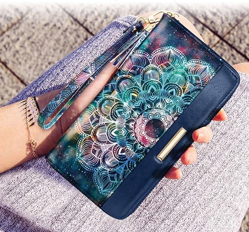 Miniatura 6 de Carteras para mujer, de piel sintética, tarjetero organizador con borla y correa de muñeca, Mándala, Casual