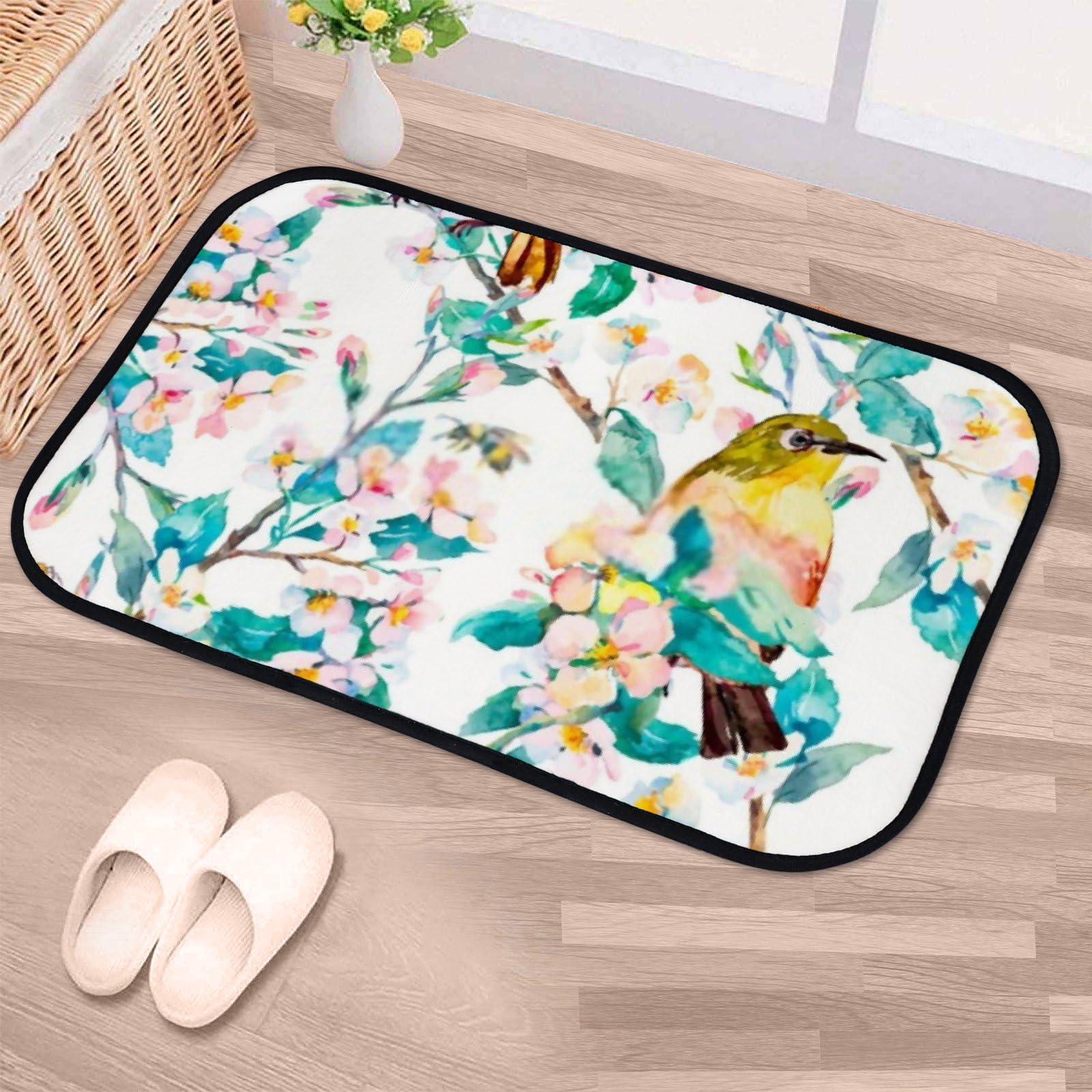 QAZPL Nuansexi Bathroom Rugs Spring Flowers Birds Pattern Floor Mats Non Slip Bathmat Doormat Tub Mat Coral Velvet Absorbent Entrance Carpet Mats Machine Washable Bedroom Decor, 36x24in