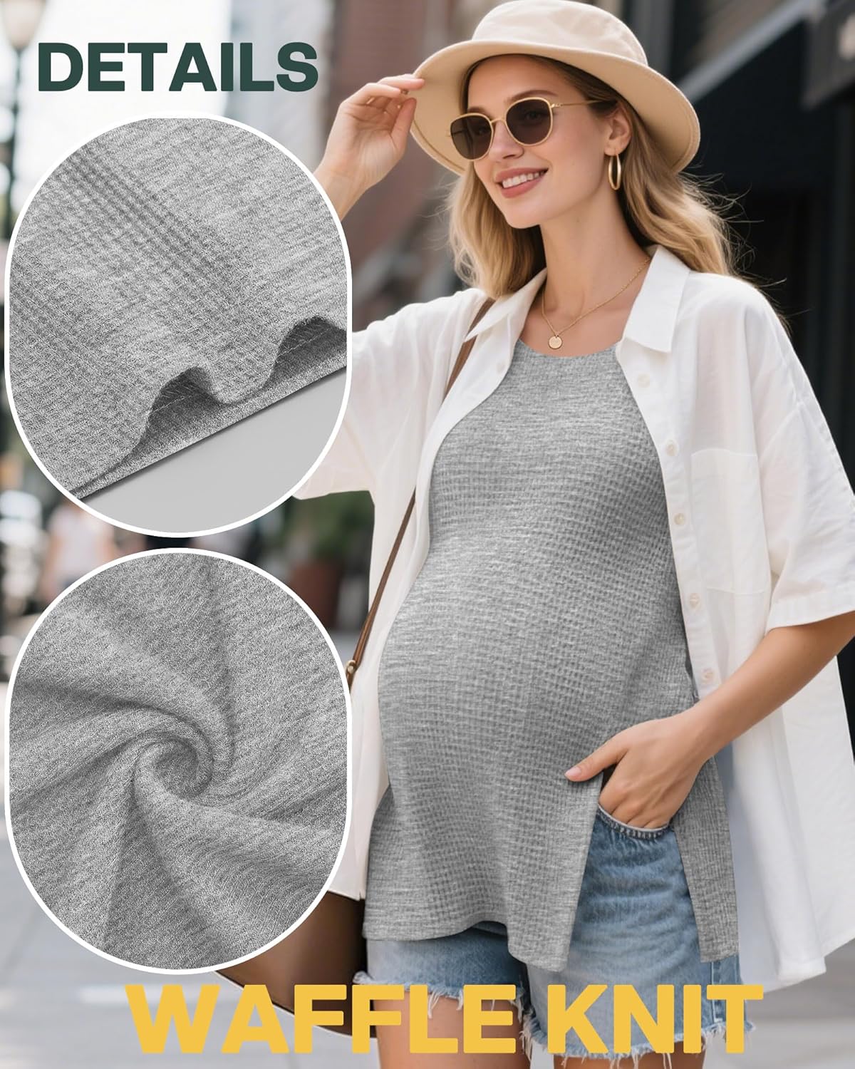Neer 3 Pack Women's Waffle Maternity Shirts, Drop Shoulder Short Sleeve Split Side Pregnancy Tops Crewneck Loose Basic Tee - Image 4
