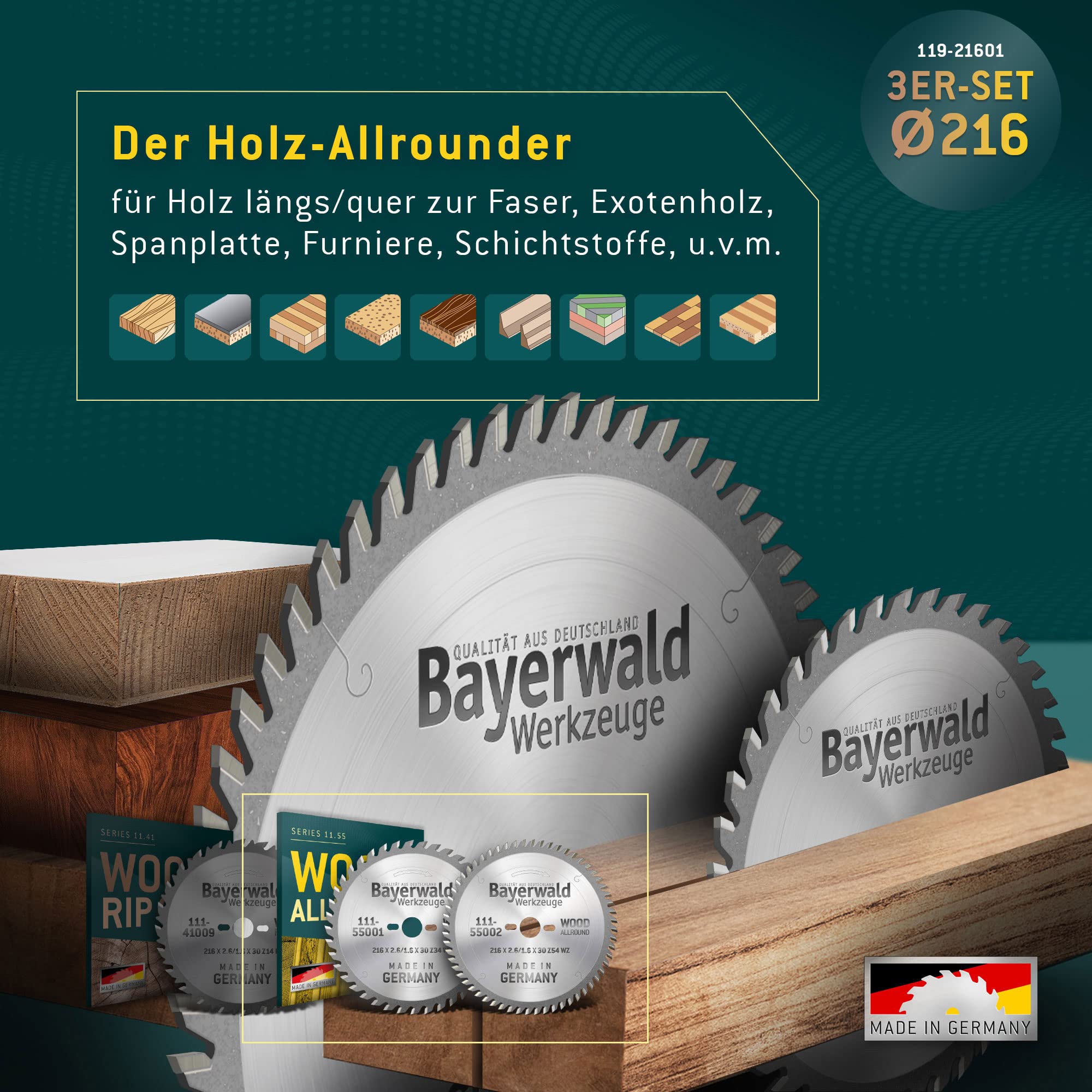 Juego de hojas de sierra circular Bayerwald Ø 216 (3 piezas) - para metales no ferrosos y madera - adecuado para sierras de mesa, por ejemplo, para Bosch GTS 635 y Metabo TS 216 y muchas más.