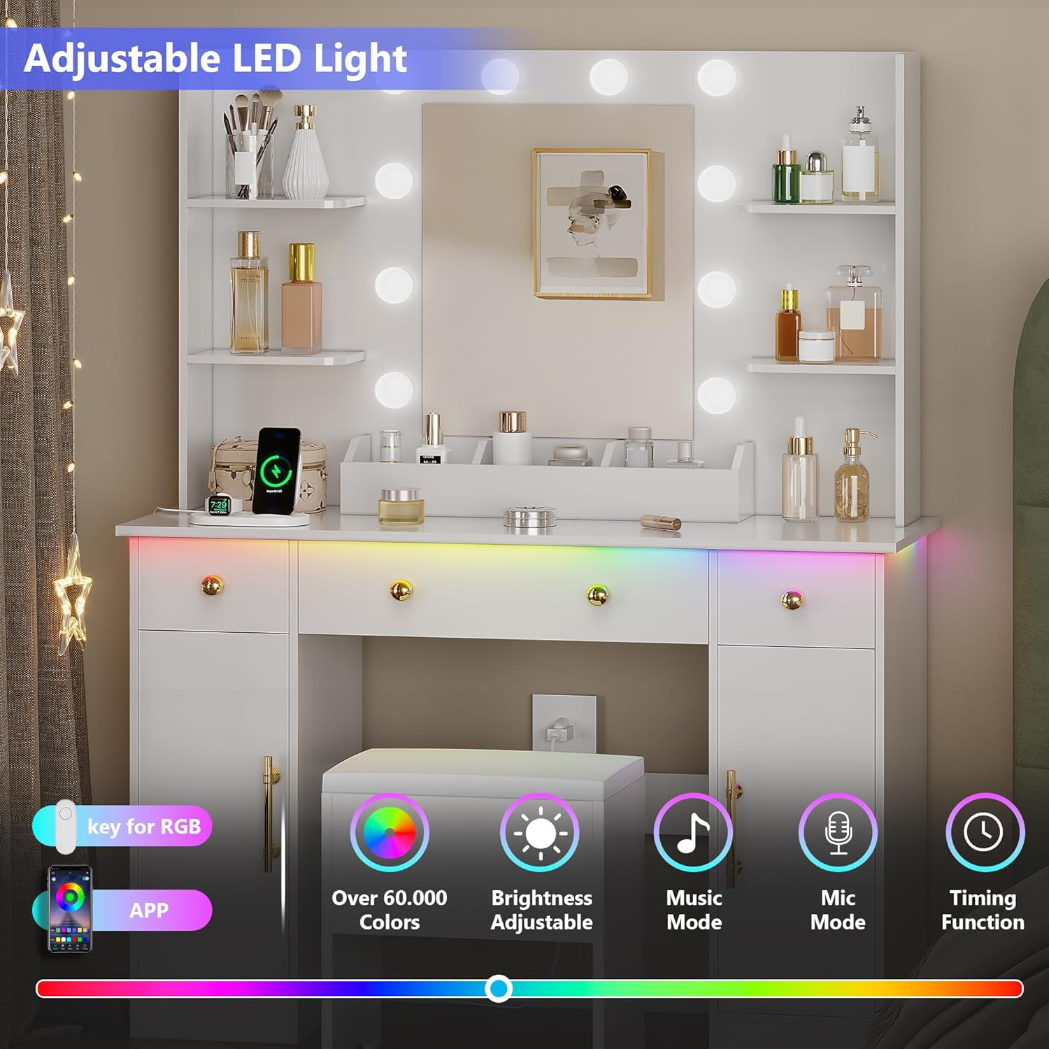 Vanity Desk with Mirror and Lights, Makeup Vanity with Charging Station & Vanity Stool, 3 Drawers and Cabinets White Vanity Mirror with RGB LED Lights Vanity Desk and Chair for Women